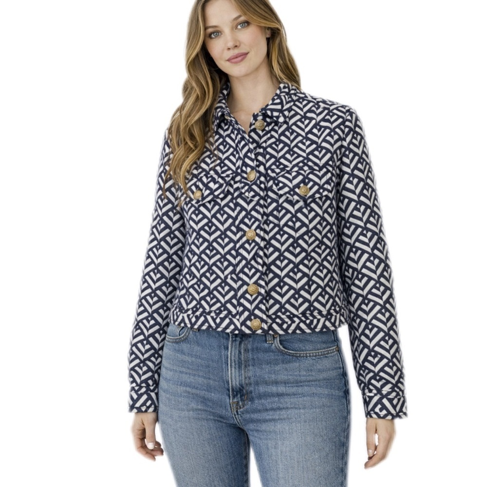 Ann Taylor Weekend Blue and White Patterned Short Jacket Size 14 Preppy Classic